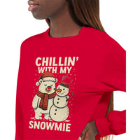 Load image into Gallery viewer, Red t-shirt with a bear and snowman graphic and text &#39;Chillin&#39; with my Snowmie&#39;.
