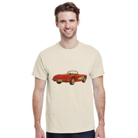 Load image into Gallery viewer, Man wearing a beige t-shirt with a red car graphic on a white background
