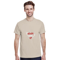 Load image into Gallery viewer, Man wearing a beige t-shirt with &#39;Never Give Up&#39; text on a white background

