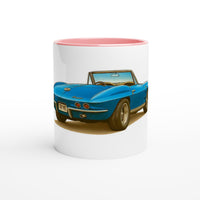 Load image into Gallery viewer, Mug with a blue convertible car design on a white background
