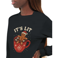 Load image into Gallery viewer, Black sweatshirt with a gingerbread man design and &#39;IT&#39;S LIT&#39; text on a white background
