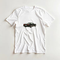 Load image into Gallery viewer, White t-shirt with a black car graphic on a light gray background
