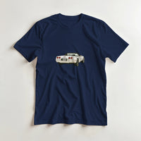 Load image into Gallery viewer, Navy blue t-shirt with a white sports car graphic on a light gray background
