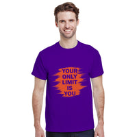 Load image into Gallery viewer, Man wearing a purple t-shirt with motivational quote on a white background
