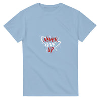 Load image into Gallery viewer, Light blue t-shirt with &#39;Never Give Up&#39; text design on a white background
