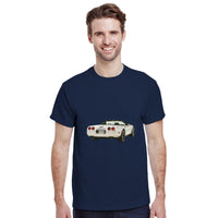 Load image into Gallery viewer, Man wearing a navy blue t-shirt with a white car graphic on a white background
