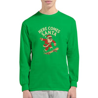 Load image into Gallery viewer, Green long-sleeve shirt with &#39;Here Comes Santa&#39; graphic on a white background
