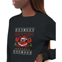 Load image into Gallery viewer, Black sweatshirt with &#39;Santa Claws&#39; graphic featuring a crab wearing a Santa hat on a white background.
