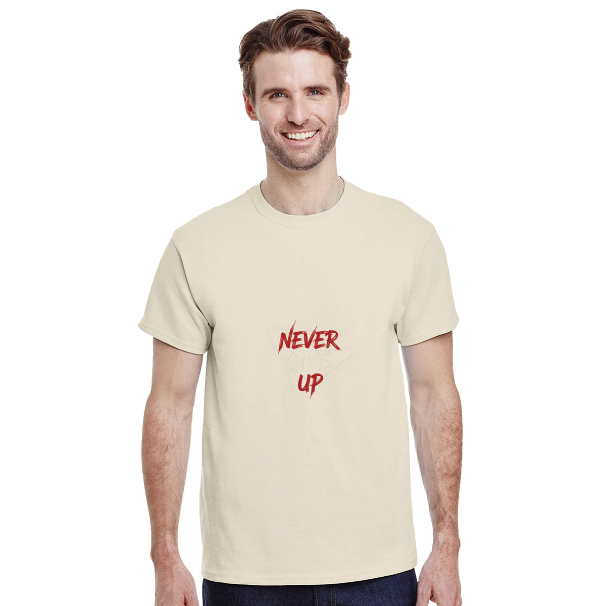 Man wearing a beige t-shirt with 'NEVER UP' text on a white background
