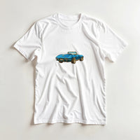 Load image into Gallery viewer, White t-shirt with a blue convertible car graphic on a light gray background
