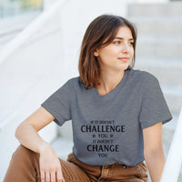 Load image into Gallery viewer, Woman wearing a gray t-shirt with a motivational quote, sitting outdoors.

