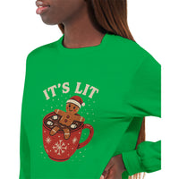 Load image into Gallery viewer, Green sweatshirt with a gingerbread man and hot chocolate graphic and &#39;IT&#39;S LIT&#39; text.
