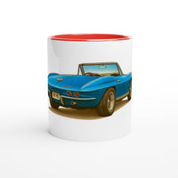 Load image into Gallery viewer, Mug with a blue convertible car design on a white background
