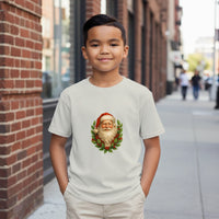 Load image into Gallery viewer, Child wearing a t-shirt with a Santa Claus design on a city street.
