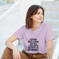 Load image into Gallery viewer, Woman wearing a purple t-shirt with a humorous text design, sitting outdoors.
