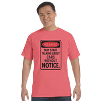 Load image into Gallery viewer, Man wearing a pink t-shirt with a humorous warning message on a white background
