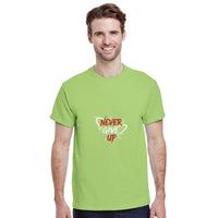 Load image into Gallery viewer, Man wearing a green t-shirt with &#39;Never Give Up&#39; text on a white background
