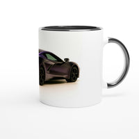Load image into Gallery viewer, White mug with a black interior and handle featuring a purple car design on a white background
