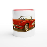 Load image into Gallery viewer, Mug with a red vintage car design on a white background

