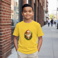 Load image into Gallery viewer, Child wearing a yellow t-shirt with a Santa Claus design on a city street.
