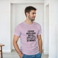 Load image into Gallery viewer, Man wearing a light purple t-shirt with humorous text design in a minimalistic room.
