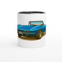 Load image into Gallery viewer, White mug with a blue convertible car design on a white background
