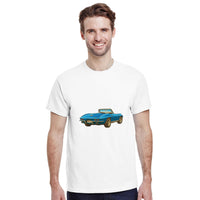 Load image into Gallery viewer, Man wearing a white t-shirt with a blue car graphic on a white background
