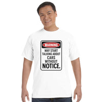 Load image into Gallery viewer, Man wearing a white t-shirt with a humorous car-themed warning sign design.
