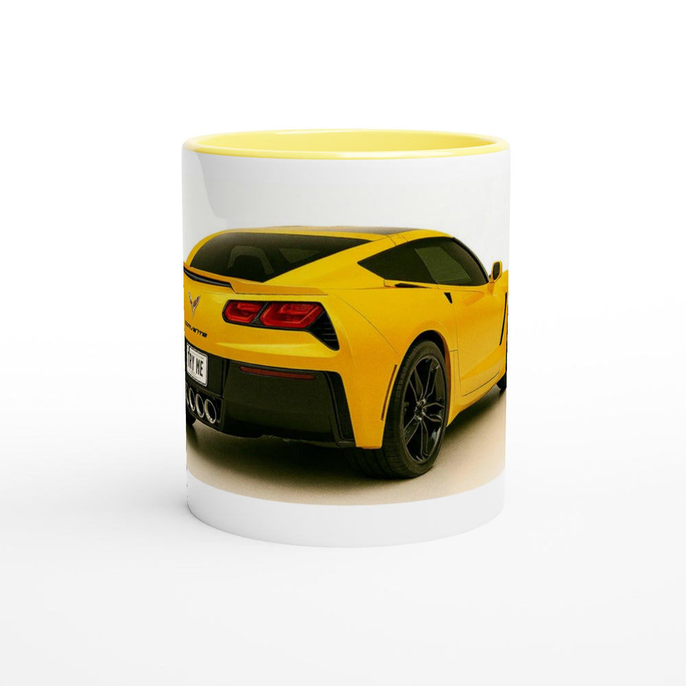 Mug with a yellow sports car design on a white background