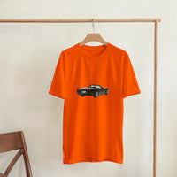 Load image into Gallery viewer, Orange t-shirt with a black car graphic on a wooden hanger against a beige wall.
