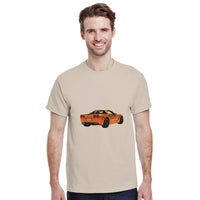 Load image into Gallery viewer, Man wearing a beige t-shirt with a car graphic on a white background
